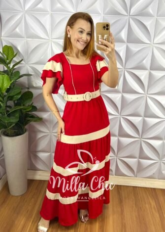 Vestido Crepe Dunna Com Bojo Longo Cinto Encapado e Entremeios Bicolor Melanie - Vermelho - Milla Chic