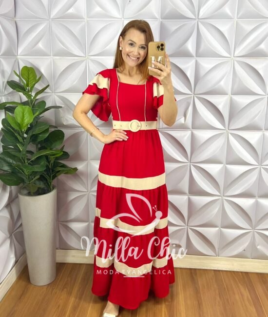 Vestido Crepe Dunna Com Bojo Longo Cinto Encapado e Entremeios Bicolor Melanie - Vermelho - Milla Chic