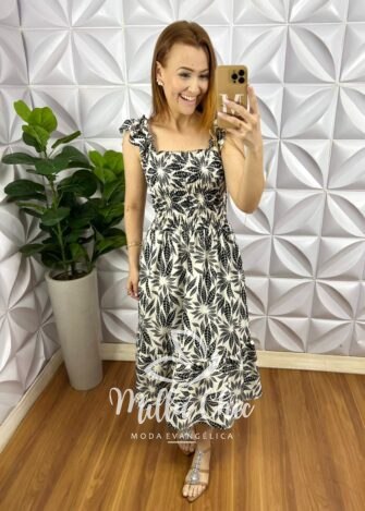 Vestido Crepinho Corpo De Lastex Mídi Evase Mila - Branco e Preto (folhadas) - Milla Chic
