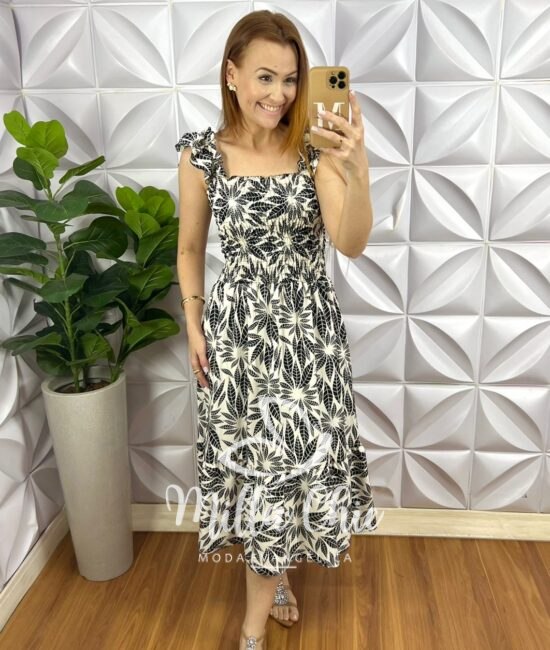 Vestido Crepinho Corpo De Lastex Mídi Evase Mila - Branco e Preto (folhadas) - Milla Chic