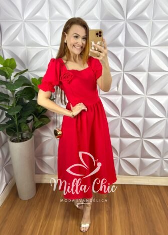 Vestido Crepinho Mídi Com Lastex Nas Costas Com Aplicação De Flor Querem - Vermelho - Milla Chic