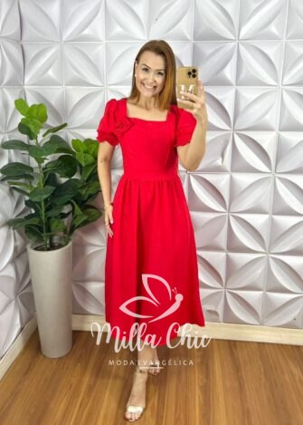 Vestido Crepinho Mídi Com Lastex Nas Costas Com Aplicação De Flor Querem - Vermelho - Milla Chic