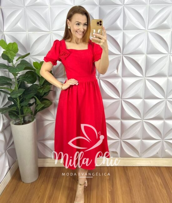 Vestido Crepinho Mídi Com Lastex Nas Costas Com Aplicação De Flor Querem - Vermelho - Milla Chic