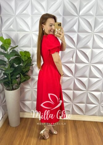 Vestido Crepinho Mídi Com Lastex Nas Costas Com Aplicação De Flor Querem - Vermelho - Milla Chic
