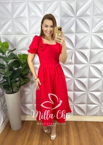 Vestido Crepinho Mídi Com Lastex Nas Costas Com Aplicação De Flor Querem - Vermelho - Milla Chic
