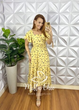 Vestido Crepinho Mullet Com Bojo Mídi Estampado Emanuele - Amarelo - Milla Chic