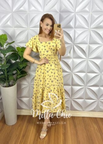 Vestido Crepinho Mullet Com Bojo Mídi Estampado Emanuele - Amarelo - Milla Chic