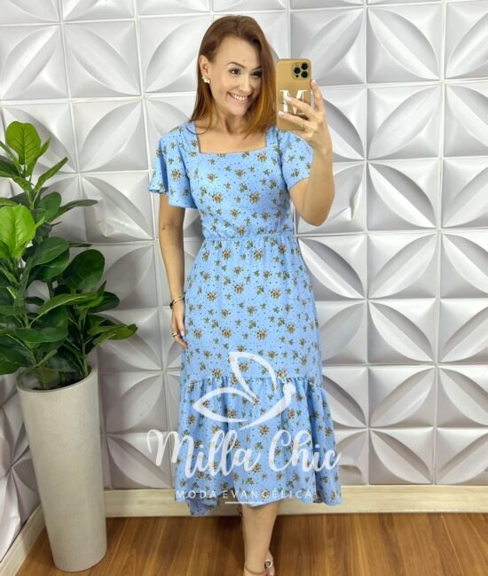 Vestido Crepinho Mullet Com Bojo Mídi Estampado Emanuele - Azul - Milla Chic