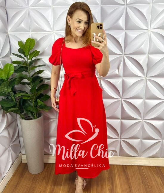 Vestido Dunna Com Bojo Faixa Cinto Longo Com Bolsos Laterais Evase Hadassa - Vermelho - Milla Chic