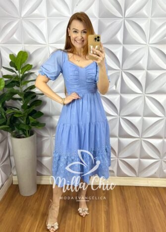 Vestido Leise 3D Mídi Três Marias Com Drapeados No Busto Bordado Estela - Azul claro (Flor) - Milla Chic