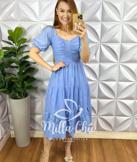 Vestido Leise 3D Mídi Três Marias Com Drapeados No Busto Bordado Estela - Azul claro (Flor) - Milla Chic