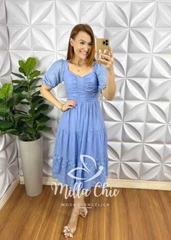 Vestido Leise 3D Mídi Três Marias Com Drapeados No Busto Bordado Estela - Azul claro (Flor) - Milla Chic