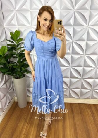 Vestido Leise 3D Mídi Três Marias Com Drapeados No Busto Bordado Estela - Azul claro (Flor) - Milla Chic