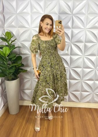 Vestido Leise Bicolor Corpo De Lastex Mídi Três Marias Bruna - Verde (floral) - Milla Chic