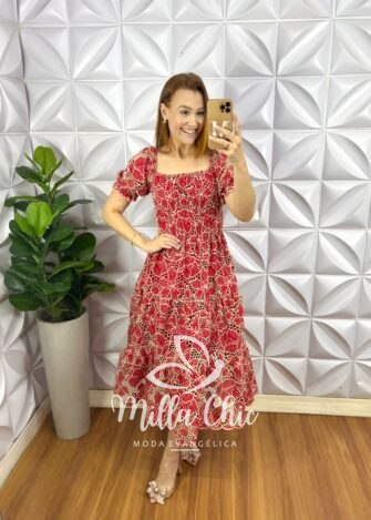 Vestido Leise Bicolor Corpo De Lastex Mídi Três Marias Bruna - Vermelho (floral) - Milla Chic