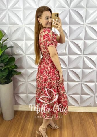 Vestido Leise Bicolor Corpo De Lastex Mídi Três Marias Bruna - Vermelho (floral) - Milla Chic