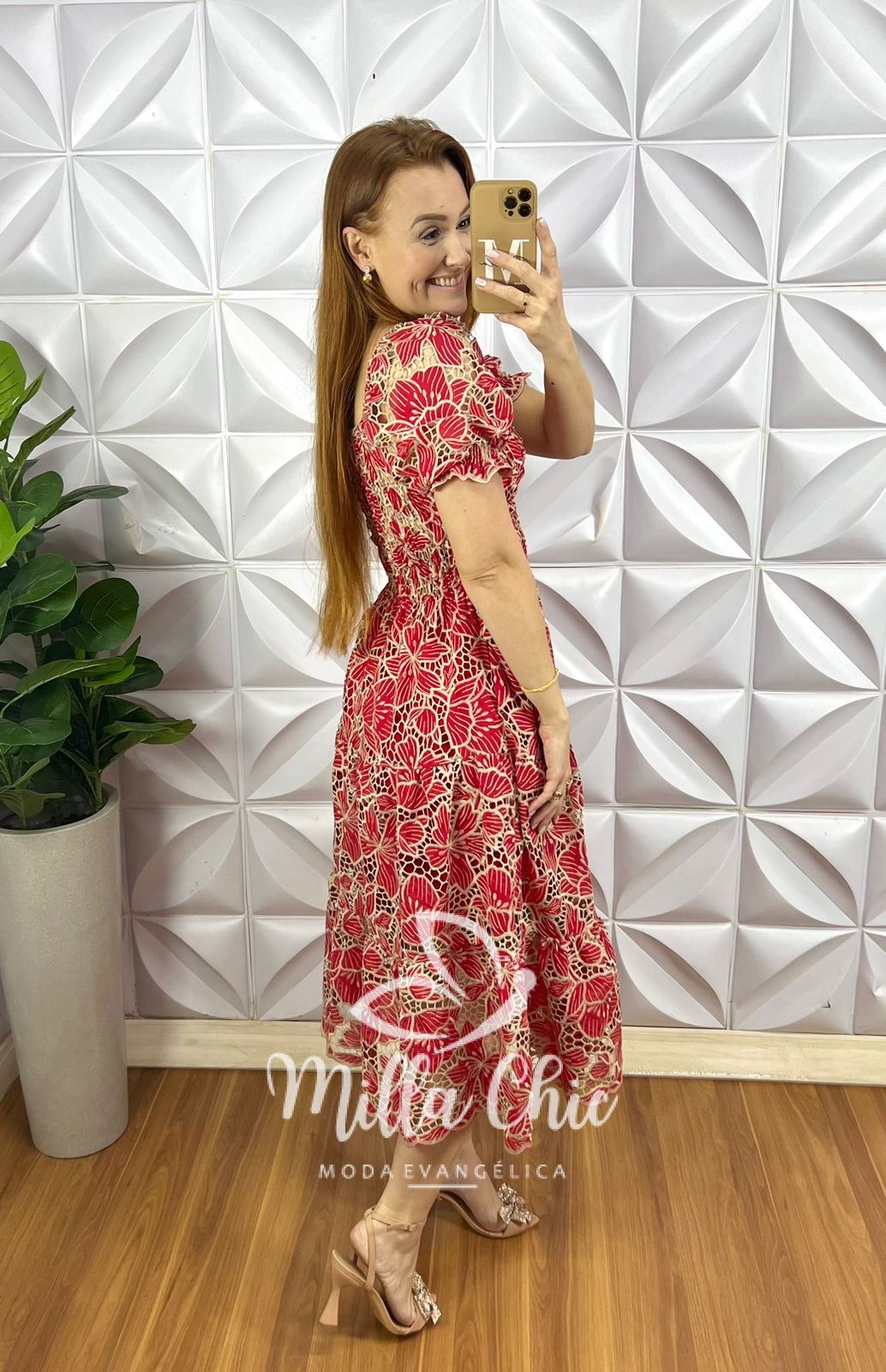 Vestido Leise Bicolor Corpo De Lastex Mídi Três Marias Bruna - Vermelho (floral) - Milla Chic