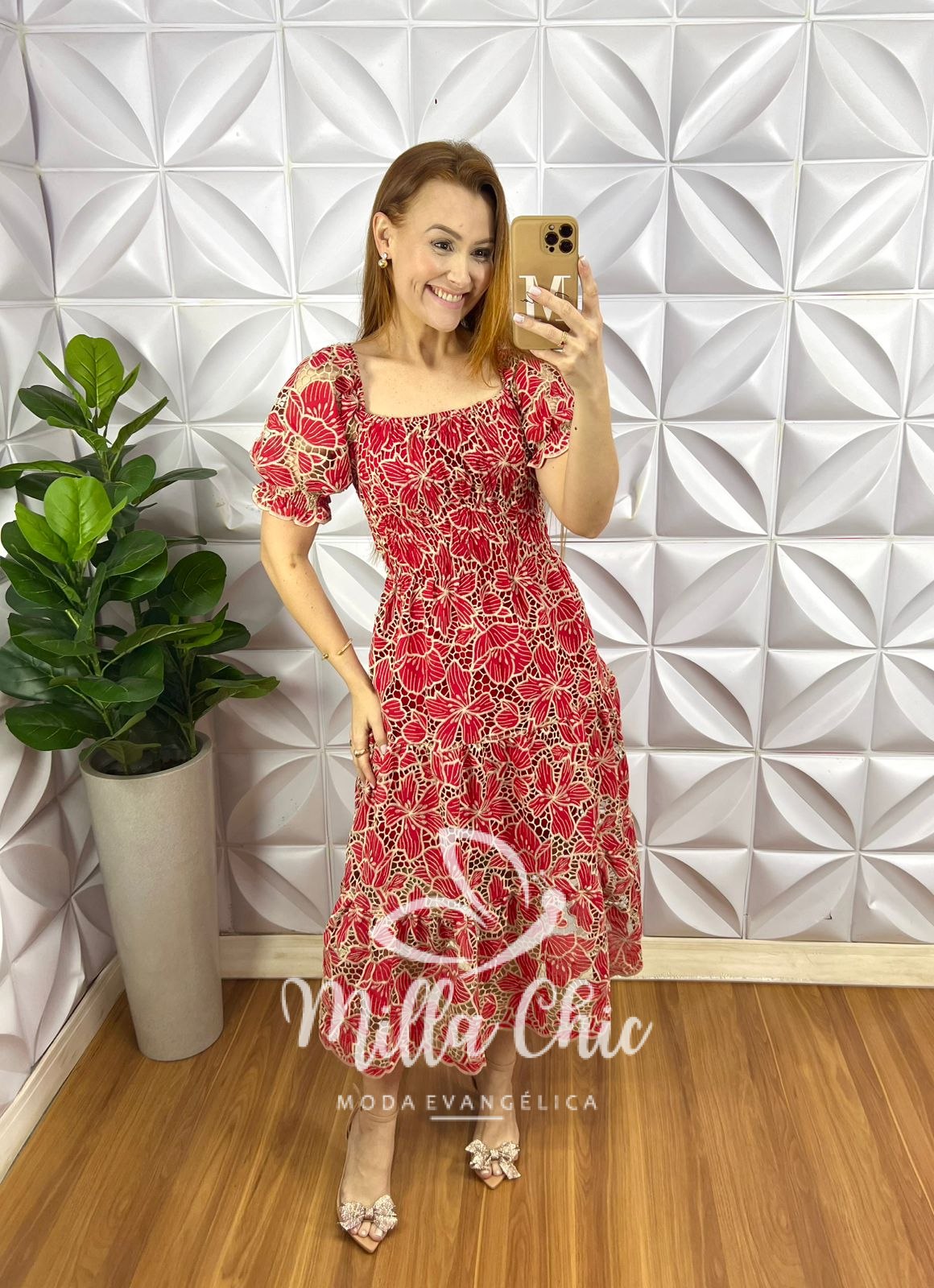 Vestido Leise Bicolor Corpo De Lastex Mídi Três Marias Bruna - Vermelho (floral) - Milla Chic