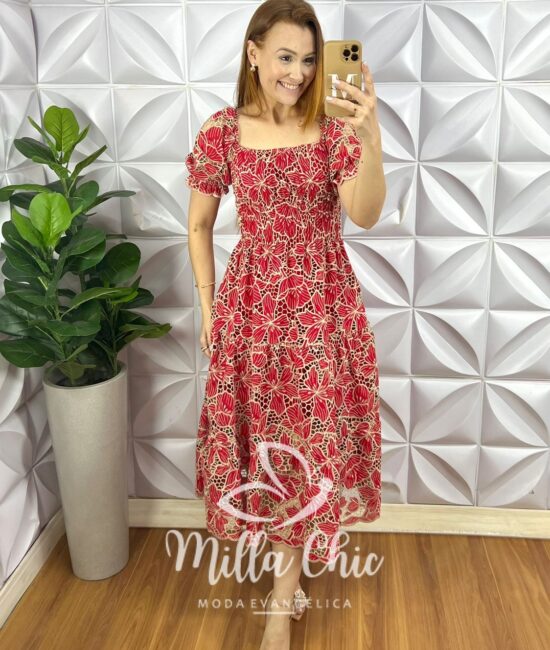 Vestido Leise Bicolor Corpo De Lastex Mídi Três Marias Bruna - Vermelho (floral) - Milla Chic