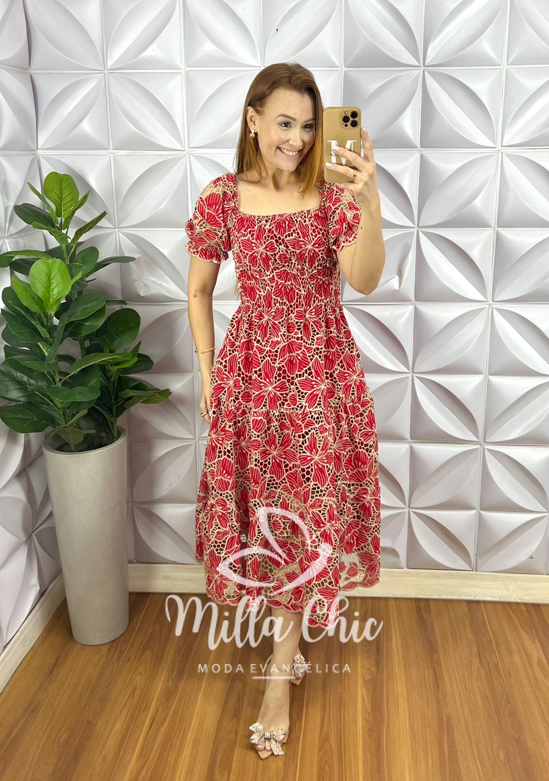 Vestido Leise Bicolor Corpo De Lastex Mídi Três Marias Bruna - Vermelho (floral) - Milla Chic