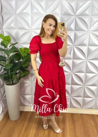Vestido Leise Bordado Corpo De Lastex Mídi Três Marias Bruna - Vermelho - Milla Chic