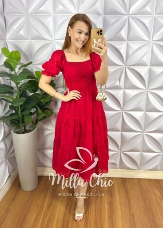 Vestido Leise Bordado Corpo De Lastex Mídi Três Marias Bruna - Vermelho - Milla Chic