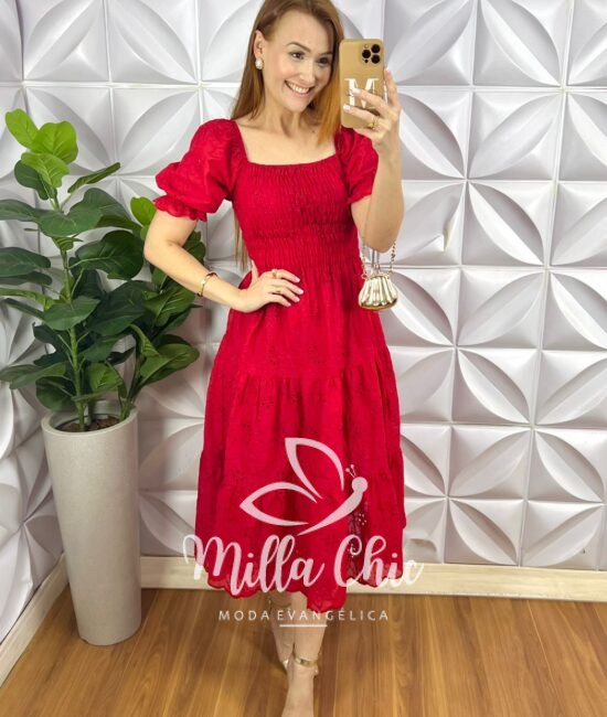 Vestido Leise Bordado Corpo De Lastex Mídi Três Marias Bruna - Vermelho - Milla Chic