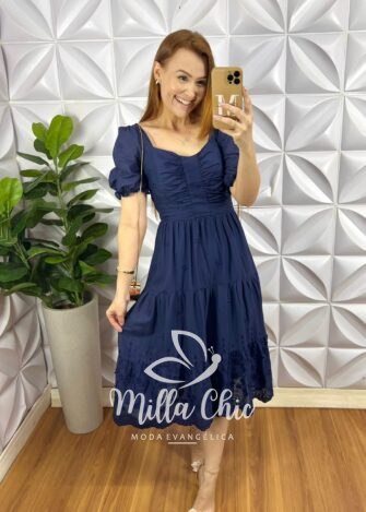 Vestido Leise 3D Mídi Três Marias Com Drapeados No Busto Bordado Estela - Azul Marinho (Flor) - Milla Chic