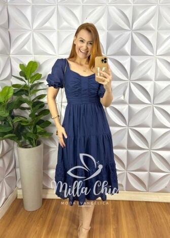 Vestido Leise 3D Mídi Três Marias Com Drapeados No Busto Bordado Estela - Azul Marinho (Flor) - Milla Chic