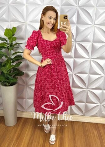Vestido Lesie 100% Algodão Manga Princesa Lastex Nas Costas Weilita - Vermelho - Milla Chic