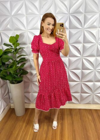 Vestido Lesie 100% Algodão Manga Princesa Lastex Nas Costas Weilita - Vermelho - Milla Chic