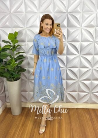 Vestido Lesie Bordado Com Bolsos Laterais No Busto Carine - Azul - Milla Chic