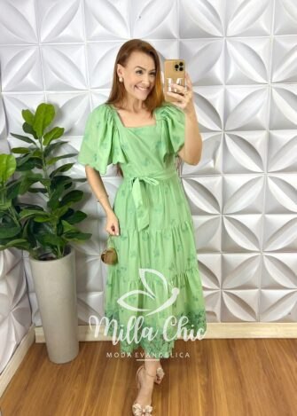 Vestido Lesie Bordado Manga Raglan Com Lastex Nas Costas Super Midi Três Marias Samara - Pistache - Milla Chic