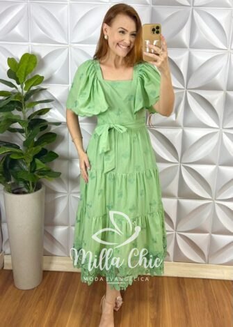 Vestido Lesie Bordado Manga Raglan Com Lastex Nas Costas Super Midi Três Marias Samara - Pistache - Milla Chic