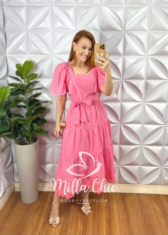 Vestido Lesie Bordado Manga Raglan Com Lastex Nas Costas Super Midi Três Marias Samara - Rosa - Milla Chic