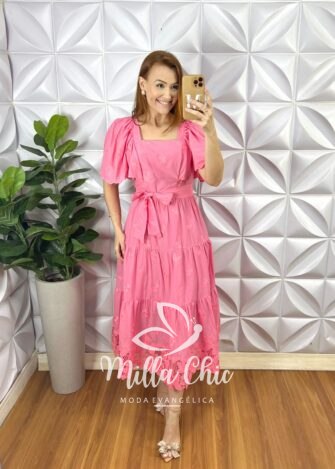 Vestido Lesie Bordado Manga Raglan Com Lastex Nas Costas Super Midi Três Marias Samara - Rosa - Milla Chic