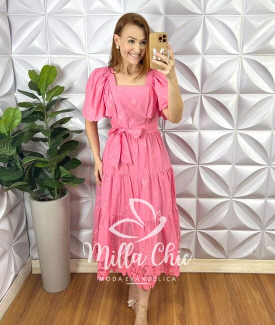 Vestido Lesie Bordado Manga Raglan Com Lastex Nas Costas Super Midi Três Marias Samara - Rosa - Milla Chic