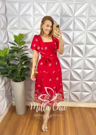 Vestido Lesie Bordado Manga Raglan Com Lastex Nas Costas Super Mídi Três Marias Samara - Vermelho - Milla Chic