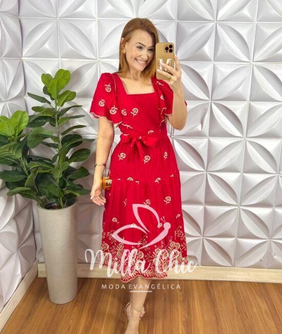 Vestido Lesie Bordado Manga Raglan Com Lastex Nas Costas Super Mídi Três Marias Samara - Vermelho - Milla Chic