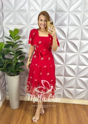 Vestido Lesie Bordado Manga Raglan Com Lastex Nas Costas Super Mídi Três Marias Samara - Vermelho - Milla Chic