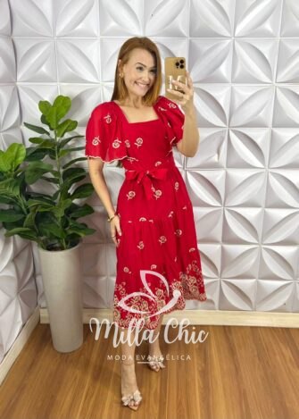 Vestido Lesie Bordado Manga Raglan Com Lastex Nas Costas Super Mídi Três Marias Samara - Vermelho - Milla Chic