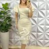 Vestido Linho Com Viscose Manga Babadinho Tubinho Com Zíper Valeria - Areia - Milla Chic