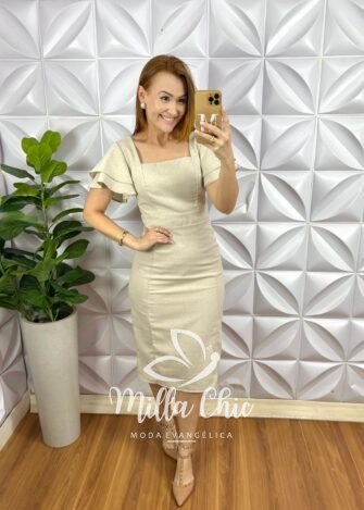 Vestido Linho Com Viscose Manga Babadinho Tubinho Com Zíper Valeria - Areia - Milla Chic