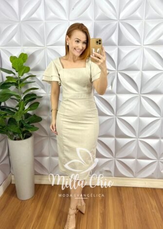 Vestido Linho Com Viscose Manga Babadinho Tubinho Com Zíper Valeria - Areia - Milla Chic