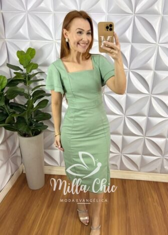 Vestido Linho Com Viscose Manga Babadinho Tubinho Com Zíper Valeria - Verde - Milla Chic