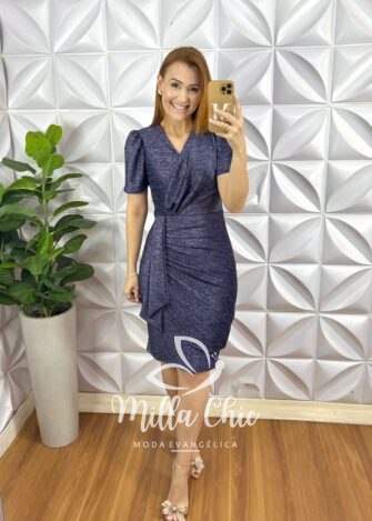 Vestido Lurex Envelopado Com Drapeados E Fitas Na Lateral Marta - Azul - Milla Chic