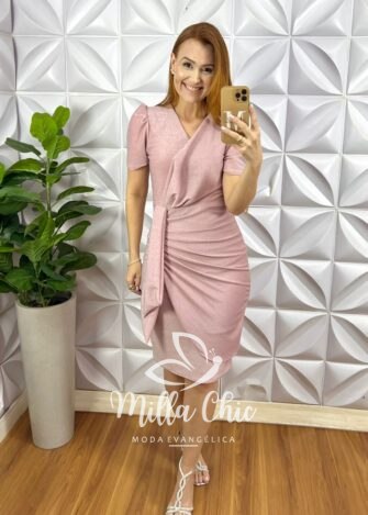 Vestido Lurex Envelopado Com Drapeados E Fitas Na Lateral Marta - Rosa - Milla Chic