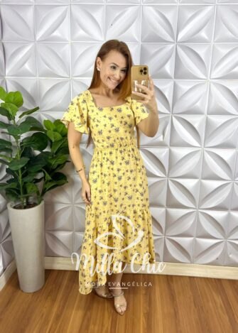 Vestido Crepinho Mullet Com Bojo Mídi Estampado Emanuele - Amarelo - Milla Chic