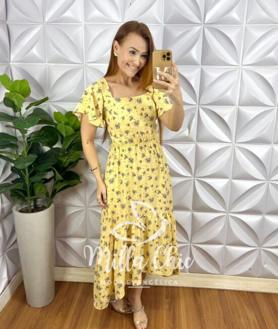 Vestido Crepinho Mullet Com Bojo Mídi Estampado Emanuele - Amarelo - Milla Chic