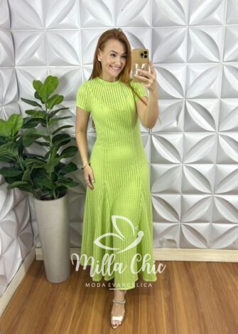 Vestido Renda Crochê Longo Com Forro Camisolinha Simone - Verde - Milla Chic